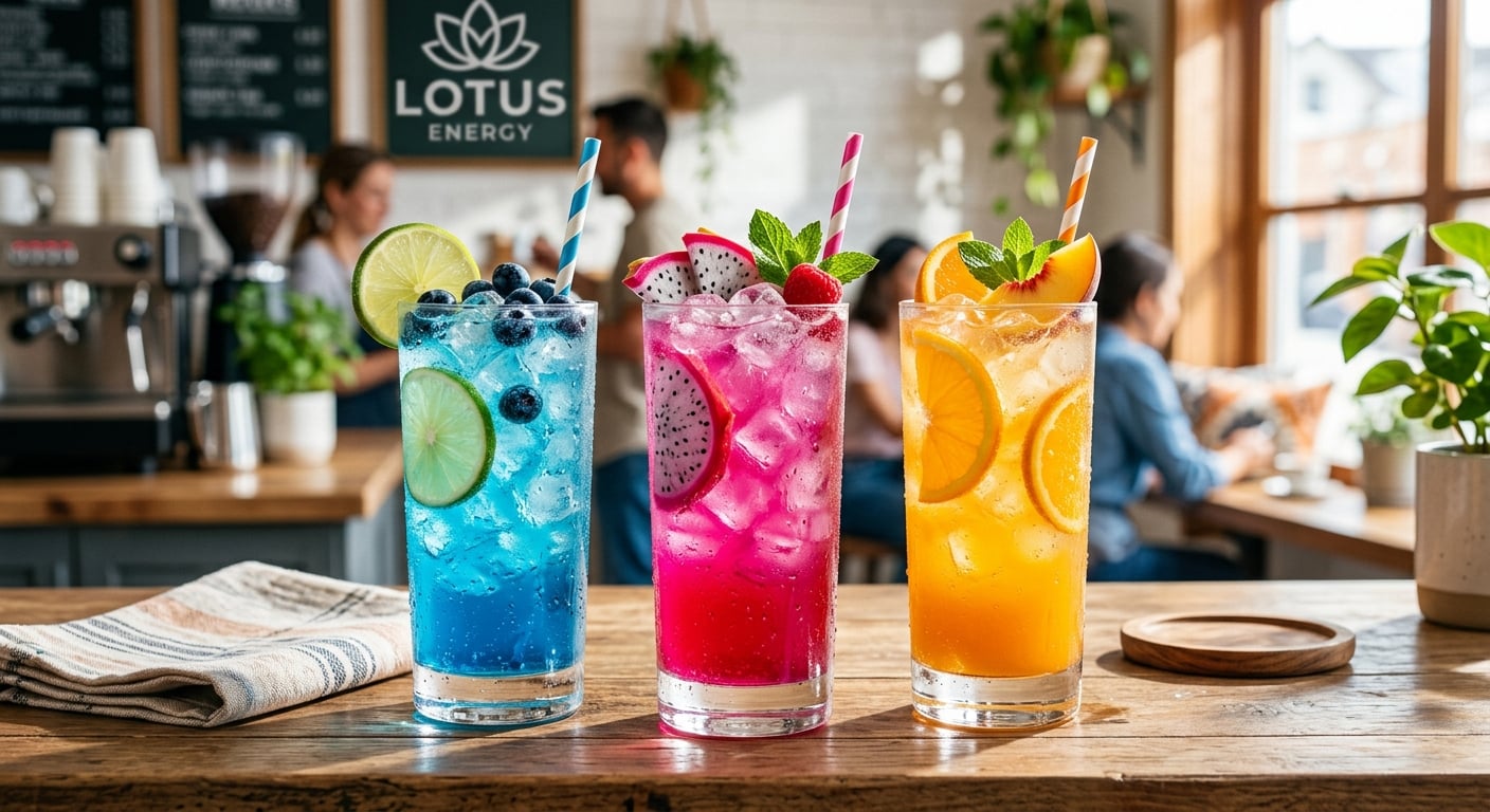 Two vibrant Lotus drinks — one blue raspberry and one pink strawberry — with cream and ice